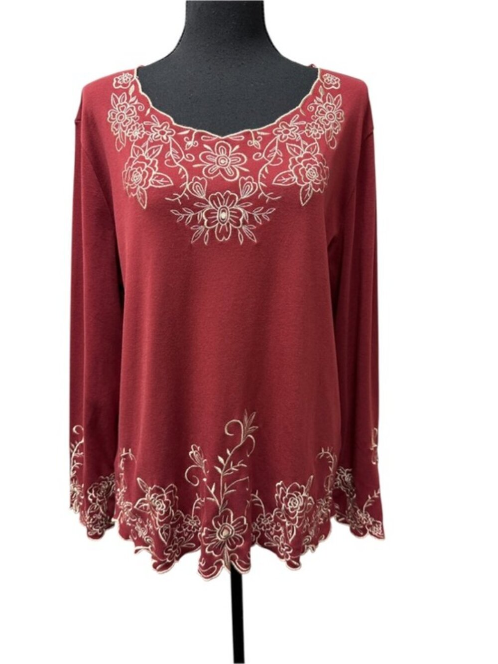 Draper’s & Damon’s Burgundy Embroidered Boho Tunic Top XL Floral - Picture 2 of 11